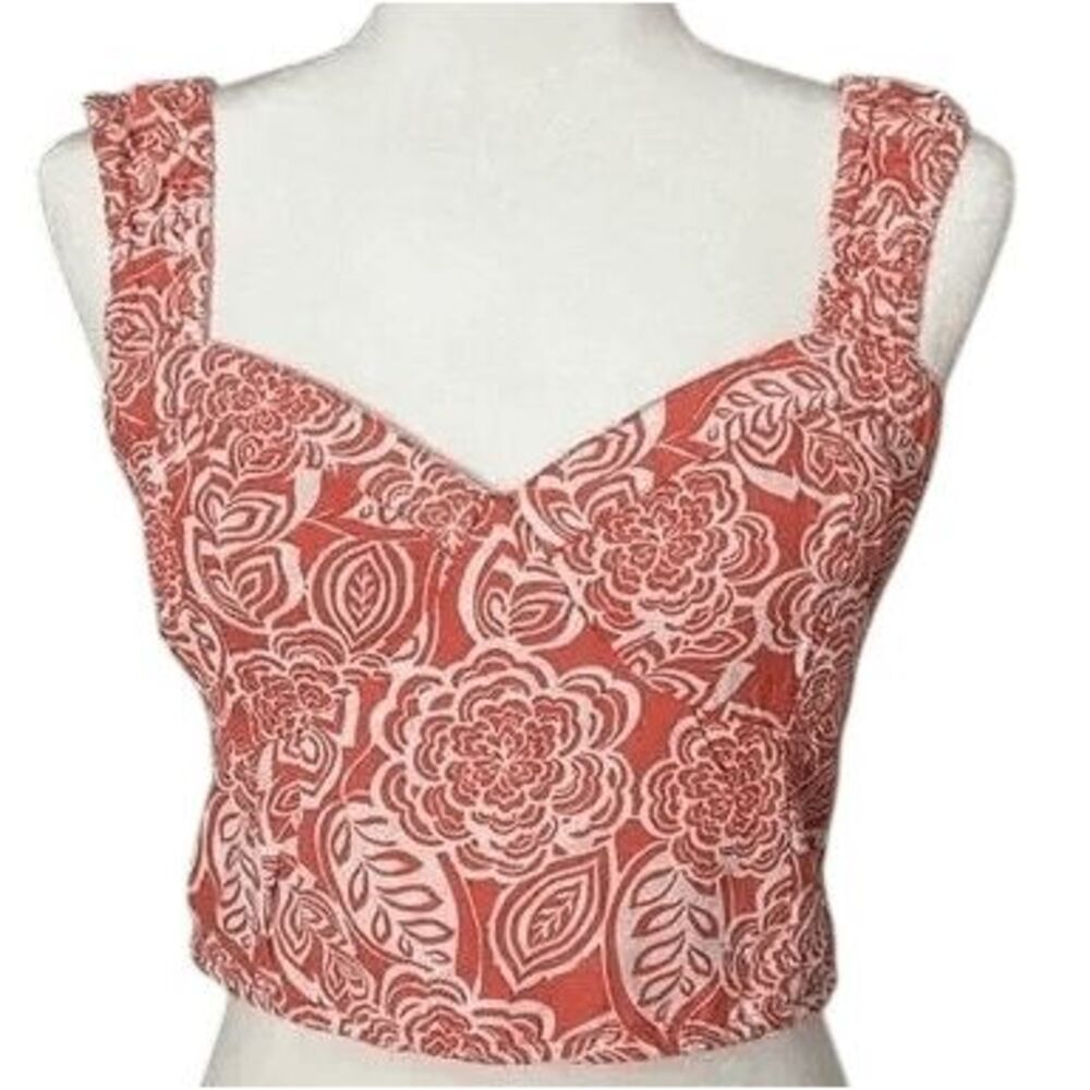 Midnight Sky Orange and White‎ Floral Linen Look Crop Top Large